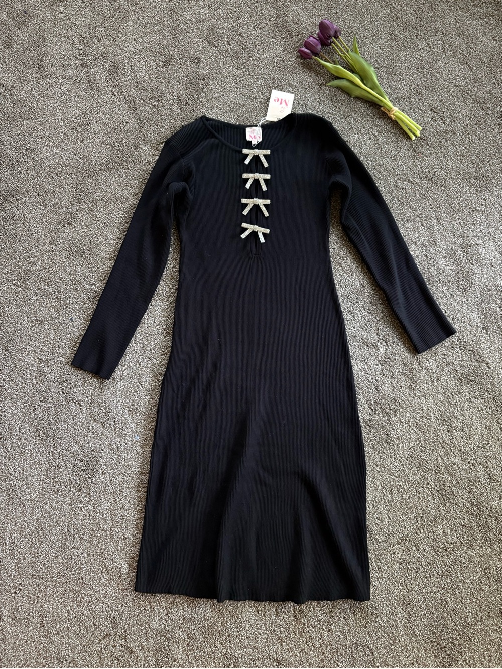 Black Long-Sleeve Knit Dress with Bow Accents